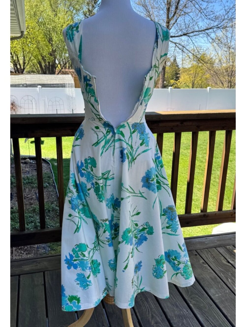 Womens Floral Sundress White & Blue Sleeveless Fit & Flare M (12) Vintage 50s - Picture 8 of 16